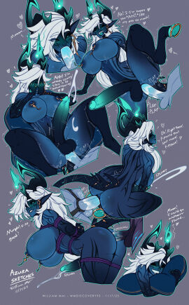 anal anal_sex areola azure_(wmdiscovery93) balls black_sclera blue_blush blue_eyes blue_penis blush bodily_fluids bondage bound breasts cum dream ear_piercing ejaculation enoki_(helixel) genital_fluids genitals gynomorph hands-free hi_res hooves horseshoe hug hugging_object hugging_pillow humanoid humanoid_genitalia humanoid_penis intersex intersex/male male motion_lines nipple_piercing nipples oral penetration penis piercing pillow restraints rope rope_bondage sleeping wmdiscovery93