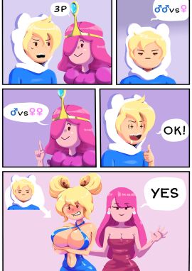adventure_time blonde_hair dress female feminization finn_the_human gearfou gearthefae gender_transformation genderswap genderswap_(mtf) male meme meme_template mtf_transformation pink_hair princess_bubblegum rule_63 threesome_invitation transformation tube_dress