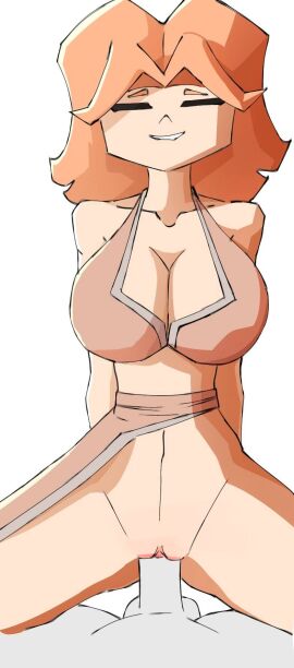 blue_eyes bra breasts breekn closed_eyes cowgirl_position cum cum_inside female large_breasts long_hair orange_hair pov pussy sex smile vaginal_penetration valkyrie_(clash_of_clans)