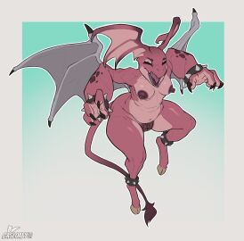 2024 anklet anthro areola biped bracelet breasts casloafy claws closed_eyes countershade_torso countershading darkened_genitalia darkened_pussy digital_media_(artwork) erect_nipples female female_anthro finger_claws fire_imp_(terraria) frill_(anatomy) genitals hi_res hooves imp jewelry legband membrane_(anatomy) membranous_frill membranous_wings nipples open_mouth pussy simple_background solo spiked_anklet spiked_bracelet spiked_legband spikes summon tail tail_tuft terraria tuft wings