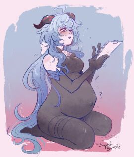 big_belly blue_hair blush bodysuit female female_only fetal_movement ganyu_(genshin_impact) genshin_impact horns kneeling large_belly pregnancy pregnant pregnant_female sapphicbump sweatdrop