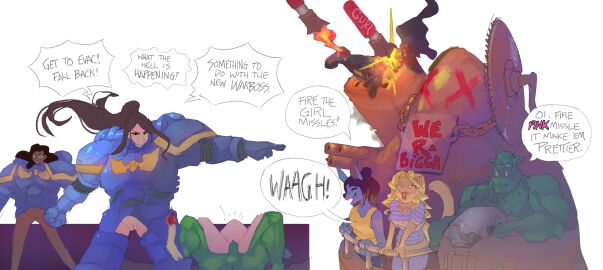 2024 5girls adeptus_astartes anthro black_hair blonde_hair breasts canid canine canis cheese_quesadilla corablue corablue_(character) dialogue digital_media_(artwork) english_text felid female female_space_marine genitals group hair hi_res human humanoid imperium_of_man jackal male male/female mammal multiple_females multiple_girls open_mouth ork ponytail post-human power_armor purity_seal pussy rocket rule_63 sex simple_background space_marine speech_bubble straight tail text warhammer_(franchise) warhammer_40k white_background