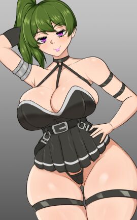 1girls armwear belt belt_buckle big_breasts black_skirt black_thong breasts cleavage female female_only green_hair hair hand_behind_head hand_on_hip hips huge_breasts jigovax lips lipstick neckwear pink_lips pink_lipstick ponytail purple_eyes skirt smile solo solo_female sousou_no_frieren thick_thighs thigh_strap thighs thong ubel_(sousou_no_frieren) wide_hips