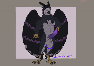 2021 accipitrid accipitriform anthro avian balls balls_bulge beak bird black_body black_feathers claws cock_vore colored eagle erection feathers feet genitals grey_body grey_feathers hand_on_penis harpy_eagle knot knotted_penis looking_at_viewer macro male male_pred micro micro_prey muscular navel nude_male nude_pred penile penis purple_eyes signature simple_background smile smiling_at_viewer solo squirming standing struggling struggling_prey talons toes vore zeanlain
