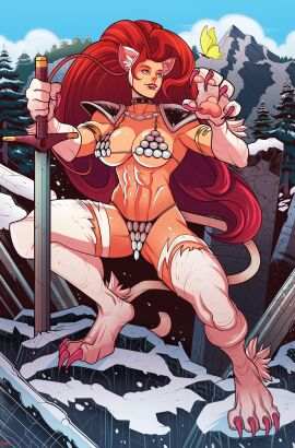 1girls 2024 4_toes bikini bikini_armor blue_eyes capcom cat_ears cat_girl cat_paws cat_tail catgirl cosplay crossover crossover_cosplay darkstalkers detailed_background felicia felicia_(darkstalkers) female female_only hi_res long_hair marvel marvel_comics pawpads ramartwork red_hair red_lips red_sonja_(comics) red_sonja_(cosplay) sharp_fingernails sharp_toenails solo sword tail very_high_resolution
