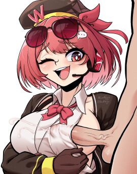 1boy 1girls beret boob_window breasts commission cum cum_on_breasts cum_through_clothes cumshot female girls'_frontline girls'_frontline_neural_cloud gloves lordguyis male paizuri paizuri_under_clothes pink_hair red_eyes side_paizuri sideboob sideboob_paizuri sunglasses_on_head willow_(girls'_frontline_nc)