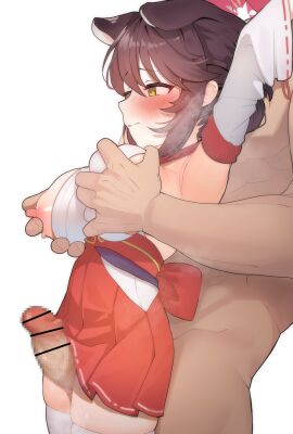 1boy absurdres animal_ears arm_up armpits back_bow black_hair blue_archive blush bow breasts censored clothed_female_nude_male deep_skin detached_sleeves dress female freehoney from_side grabbing grabbing_another's_breast grabbing_from_behind heavy_breathing highres kaede_(blue_archive) large_breasts looking_to_the_side male miko_outfit mosaic_censoring multi_ear nipple_stimulation nipple_tweak nude one_breast_out paid_reward_available penis pleated_skirt red_bow red_dress shiny_skin short_dress short_hair sidelocks simple_background skirt straight thigh_sex thighhighs white_background white_sleeves white_thighhighs yellow_eyes