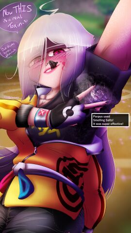 armpit_crease armpit_fetish armpits devious_grin entrapment female female_only human klara_(pokemon) mischievous_smile pink_eyes pokemon pokemon_swsh porpusly0mispelt punishment ripped_clothing sadistic silver_hair trapped_in_clothing