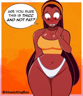 1girls atomickingboo breasts brown-skinned_female brown_hair camisole cleavage crop_top dark-skinned_female dark_skin english_text female female_only human large_breasts navel oc orange_theme original original_character panties shaylynn_summer solo speech_bubble tagme text the_besties_(atomickingboo) thick_thighs thighs twitter_link very_long_hair weight_conscious white_panties wide_hips