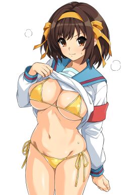 1girls angry angry_female belly_button blouse_lift breasts brown_eyes brown_hair clothing female gold_bikini golden_week hair_ribbon haruhisky large_breasts navel north_high_school_uniform short_hair side-tie_bikini solo suzumiya_haruhi suzumiya_haruhi_no_yuuutsu swimsuit yellow_bikini yellow_bikini_bottom yellow_bikini_top