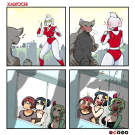 1:1 1_horn 2024 2_horns 4koma armwear becoming_erect being_watched big_breasts big_penis black_body black_clothing black_dress black_eyes black_penis black_scales black_shirt black_tank_top black_topwear blush boots breasts claws clothed clothing comic covering covering_eyes covering_face dress female finger_claws footwear genitals green_clothing green_hair green_shirt green_topwear grey_body grey_clothing grey_horn grey_scales grey_shirt grey_topwear hair hi_res horn human imminent_sex kaiju leotard looking_at_another male mammal monster open_clothing open_shirt open_topwear orange_claws outside penis red_armwear red_boots red_clothing red_footwear red_horn red_leotard ribbed_penis scales shadow shirt shoes standing surprised tank_top topwear ultraman_(series) under_boob white_body white_eyes window xaixochi yellow_eyes yellow_sclera