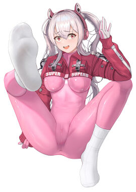 absurdres alice_(nikke) bodysuit breasts feet female foot_fetish foot_focus full_body ghhoward gloves goddess_of_victory:_nikke grey_hair hand_up highres legs long_sleeves looking_at_viewer medium_breasts no_shoes open_mouth pink_bodysuit red_bodysuit simple_background sitting socks soles solo teeth toes two-tone_bodysuit upper_teeth white_background white_socks