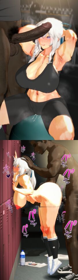 3d 3d_model 3d_render abs armpits arms_up asian big_breasts black_socks blue_eyes breasts cheek_squish chinese_female dark-skinned_male dark_skin female gym gym_clothes gym_shorts gym_uniform hair_ribbon hands_behind_head huge_breasts japanese_female kneehighs kneesocks koikatsu lifting lifting_person light-skinned_female light_skin male mei_risa mixed_ethnicity muscular muscular_female muscular_male nude nude_male partially_clothed pressed_against pussy pussy_juice ribbon ribbon_in_hair sex socks spidey-dude squish sweat sweatdrop sweating sweaty tachumi text tube_socks vaginal_fluids vaginal_penetration vaginal_sex white_hair