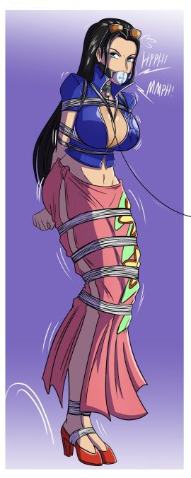 arms_tied_behind_back ball_gag bdsm_collar big_ball_gag big_breasts bondage breasts cleavage collar collared ekkinowa eyewear_on_head female female_only gag gagged heels hopping huge_breasts leash_and_collar leashed leather leather_clothing leather_jacket leather_topwear legs_tied nico_robin one_piece post-timeskip rope_between_breasts rope_bondage rope_harness sarong skirt sunglasses