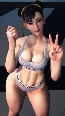 1girls 3d asian asian_female big_breasts black_hair bra branded_clothes breasts brown_eyes busty capcom chinese chun-li cleavage double_bun ear_piercing earrings female grey_bra grey_clothing grey_panties grey_underwear hair_bun hair_buns large_breasts light-skinned_female light_skin lipstick looking_at_viewer makeup mature mature_female milf mod nail_polish navel panties piercing portrait red_fingernails red_lipstick red_nails sf_screenshot short_hair smile smiling_at_viewer solo solo_female street_fighter street_fighter_6 thick_thighs thighs three-quarter_portrait tied_hair underwear v v_sign wide_hips