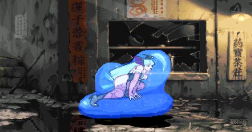 animated doggy_style green_hair long_hair m.u.g.e.n morrigan_aensland obscured_penetration pixel_animation pixel_art slime_(mugen) slime_monster succubus_tail trapped trapped_in_slime