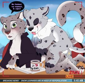 anthro anthro_on_feral anthro_penetrated blep blush bodily_fluids bottomless clothed clothing coffee_mug cum cum_in_pussy cum_inside dialogue disney duo fabienne_growley felid female female_penetrated feral feral_penetrating feral_penetrating_anthro fur genital_fluids green_eyes grey_body grey_fur hi_res intraspecies intraspecies_bestiality male male/female male_penetrating male_penetrating_female mammal meraence neck_tuft news news_report nude pantherine penetration pussy recording semi-anthro sex snow_leopard speech_bubble sweat sweatdrop tongue tongue_out tuft whiskers zoophilia zootopia