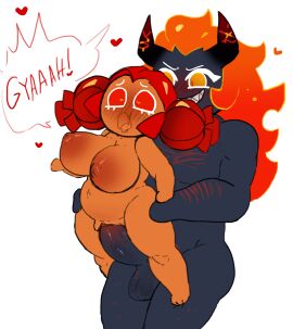 big_breasts big_cock blush breasts capsaicin_cookie cookie_run cookie_run_kingdom female holding_hips magpieredd mala_sauce_cookie male male/female moaning moaning_in_pleasure penis pussy shortstack size_difference speech_bubble stretched_pussy vaginal_penetration