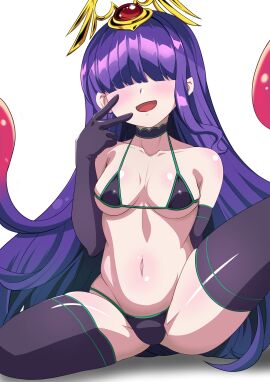 :d black_gloves black_thighhighs blush breasts collarbone duel_masters female hair_over_eyes medium_breasts micro_bikini midriff navel open_mouth prin_(duel_masters) smile spread_legs v
