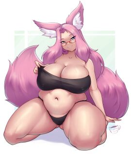 1girls animal_ears blue_eyes bra breasts coffeeslice curvy female fluffy fluffy_tail glasses huge_breasts huge_tail illeana_(miniordebry) kitsune original panties pink_hair plump smiling_at_viewer solo