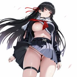 arm_cutout ateoyh bandaid bandaids_on_nipples black_choker black_hair black_panties black_serafuku black_shirt black_skirt breasts chisa_(wuthering_waves) choker closed_mouth clothing_cutout commentary cowboy_shot female hair_ribbon highres large_breasts long_hair long_sleeves looking_to_the_side mole mole_under_eye navel neckerchief nipples no_bra one_breast_out paid_reward_available panties pasties red_eyes red_neckerchief red_ribbon ribbon sailor_collar school_uniform serafuku shirt simple_background skirt solo stomach string_panties sweat tacet_mark_(wuthering_waves) thigh_strap thighs uncensored underwear white_background white_sailor_collar wind wuthering_waves