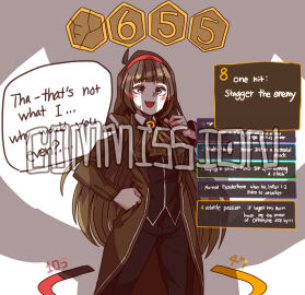 1boy 1girls b2k better_version_at_source big_penis blush brown_eyes brown_hair dialogue female flashing_penis gameplay_mechanics hairband library_of_ruina long_hair male malkuth_(lobotomy_corporation) penis pixiv_manga_sample pixiv_sample project_moon shocked_expression