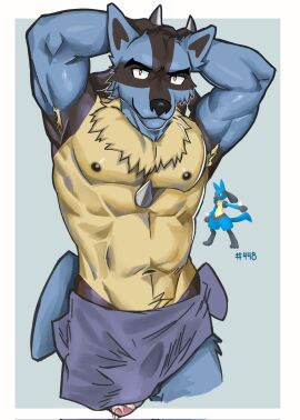 1boy abs anthro armpit_hair barely_visible_genitalia barely_visible_penis biceps bodily_fluids body_hair clothed clothing generation_4_pokemon genital_fluids genitals hi_res kolemus lucario male male_lucario muscular muscular_male nintendo pecs penis pokemon pokemon_(species) precum solo spikes spikes_(anatomy) topless