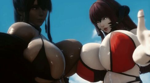 2girls ai_generated animated au_ra female final_fantasy final_fantasy_xiv huge_breasts hyur kissing makeout tagme