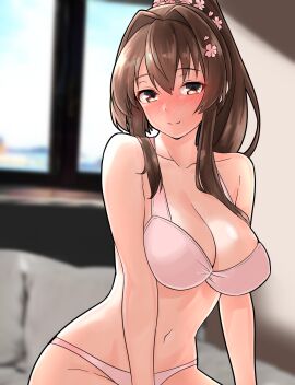 1girls absurd_res absurdres adult bare_arms bare_back bare_belly bare_chest bare_hips bare_midriff bare_navel bare_shoulders bare_skin bare_thighs bare_torso belly belly_button blush blush_lines blushing blushing_at_viewer blushing_female bra breasts brown-eyed_female brown-haired_female brown_eyebrows brown_eyes brown_hair cleavage collarbone dot_nose elbows embarrassed embarrassed_female eyebrows_visible_through_hair female female_focus female_only furaggu_(frag_0416) hair_between_eyes half_naked head_tilt high_resolution highres hourglass_figure indoor indoors kantai_collection large_breasts light-skinned_female light_skin long_hair looking_at_viewer navel nipple_bulge panties pink_bra pink_panties pink_underwear ponytail shoulders sitting slender_body slender_waist slim_female slim_waist smile smiling smiling_at_viewer solo thin_waist tilted_head underwear upper_body wide_hips yamato_(kantai_collection)