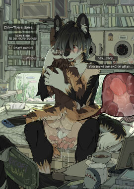 age_difference ambiguous_fluids anal anal_sex anthro anthro_on_anthro anus ass big_dom_small_sub bodily_fluids canine clothing cub cum cum_drip cum_in_ass cum_inside domestic_cat dominant engrish excited felid feline foot_fetish fur gay gay_domination gay_male hug makioraku male male/male male_cub male_only male_penetrating male_penetrating_male mammal orgasm penis penis_in_ass shy size_difference stealth_sex yaoi young younger_male