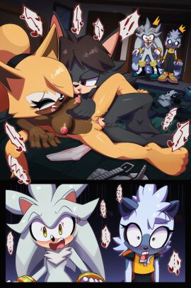 1boy 1girls bed bedroom bedroom_eyes bedroom_sex bodily_fluids breasts brown_body brown_eyes brown_skin clitoris euf-dreamer female hands_on_bed hands_on_breasts male moan moaning naked naked_female panties paws penetration penis pussy sega sex silver_the_hedgehog sonic_(series) straight tangle_the_lemur whisper_the_wolf yellow_fur yellow_tail zen_the_wolf