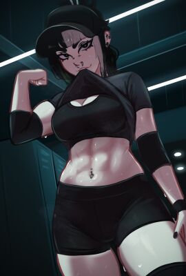 1girls 2024 :3 abs absurd_res bangs belly_button biceps black_clothing black_eyes black_hair black_nails breasts bridge_piercing cleavage clothed clothed_female clothing ear_piercing eyelashes female flexing front_view fully_clothed goth goth_girl gym gym_clothes hair hat headwear heart_piercing hi_res human light-skinned_female light_skin linea_alba long_hair looking_at_viewer medium_breasts mika_(veyonis) multicolored_hair nail_polish navel navel_piercing nose_piercing nose_ring original original_character piercing pose posing presenting presenting_breasts shirt shirt_in_mouth shirt_lift shirt_up shorts smile smiling smiling_at_viewer solo sports_bra standing stomach sweat sweatdrop sweating sweaty sweaty_body sweaty_thighs thighs toned toned_abs toned_arms toned_body toned_female two-tone_hair veyonis white_hair workout_clothes