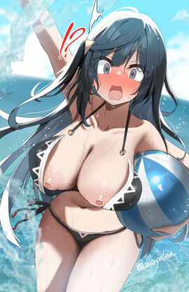 !? ^^^ arm_up ball_(object) beachball bikini bikini_malfunction black_bikini black_eyes blue_sky blush breasts cloud collarbone day embarrassed exposed_breasts female highres holding holding_ball holding_beachball inverted_nipples large_breasts long_hair love_live! love_live!_nijigasaki_high_school_idol_club navel nipples ocean open_mouth outdoors sasanon_(sasapoliton) side-tie_bikini_bottom sky smile solo swimsuit twitter_username wardrobe_malfunction yuuki_setsuna_(love_live!)