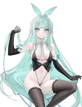 1girls absurd_res absurdres animal_ears aqua-eyed_female aqua-haired_female aqua_eyes aqua_hair arm_gloves arm_up armpits bare_armpits bare_belly bare_chest bare_hips bare_midriff bare_navel bare_shoulders bare_skin bare_thighs bare_torso belly belly_button black_arm_gloves black_bra black_gloves black_legwear black_leotard black_panties black_stockings black_thighhighs black_underwear blue-eyed_female blue_eyes bra breasts cleavage collar collarbone dot_nose elbows female female_focus female_only fingers gloves green-haired_female green_hair groin hair_ornament hair_ornaments half_naked hand_up high_resolution highres hourglass_figure knee_up knees leg_up legs legwear leotard light-skinned_female light_skin long_hair looking_at_viewer medium_breasts naked naked_female navel necktie nude nude_female ohisashiburi original original original_art original_artwork original_character panties pussy shoulders simple_background sitting slender_body slender_waist slim_female slim_waist slime_girl slime_girl_(ohisashiburi) smile smiling smiling_at_viewer solo stockings thick_thighs thighhighs thighs thin_waist underwear upper_body v-line very_long_hair water white_background white_collar wide_hips