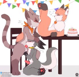 1girls 2boys absurd_res ancesra_(ancesra) animal_genitalia animal_penis anthro banner bell bell_collar birthday birthday_cake blush bodily_fluids cake candle canid canine canine_genitalia canine_penis chair claws closed_eyes collar cum cum_in_mouth cum_inside cunnilingus dessert fangs female flat_chest food fox fur fur_markings furniture gay genital_fluids genitals group heart_symbol hi_res iradeon kerchief kneeling male male/female male/male mammal markings nia_(senz) on_table oral oral_penetration party paws penetration penis procyonid pussy raccoon sean_(senz) senz sex simple_background sitting table tail teeth text tongue tongue_out trio vaginal_penetration yaoi