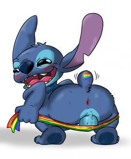 alien anthro anus ass balls bent_over big_ass big_butt blue_body blue_fur blush digital_media_(artwork) disney experiment_(lilo_and_stitch) fur genitals hi_res lgbt_pride lgbt_pride_month lilo_and_stitch macro710 male male_only notched_ear open_mouth presenting presenting_hindquarters pride_color_flag rear_view simple_background solo stitch_(lilo_and_stitch) teeth thatweirdguy tongue
