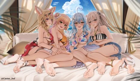 4girls anklet ass big_breasts black_nail_polish black_nails black_toenails blonde_hair blue_hair breasts casino_(casinoep) cleavage feet female foot_fetish hair_ornament hololive hololive_gen_5 hololive_japan looking_at_viewer marking_below_eyes momosuzu_nene multiple_females multiple_girls nail_polish omaru_polka seductive_look shishiro_botan silver_hair smiling smiling_at_viewer soles swimsuit toenail_polish toes toes_spread virtual_youtuber yukihana_lamy