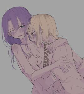 2girls arm_tattoo blonde_hair blush breasts completely_nude ear_blush ear_piercing female fingering grabbing grabbing_another's_breast grey_background highres licking licking_another's_face long_hair medium_breasts medium_hair multiple_females multiple_girls nude one_eye_closed original parted_lips piercing purple_hair simple_background sweat tattoo tongue tongue_out uud45gaotrcvkfg yuri