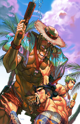 3boys abs arm_tattoo artist_name balls bar_censor bara beard belt biceps black_eyes black_hair blonde_hair blue_sky blush censored chest_hair cloud cloudy_sky cole_cassidy cum cum_in_mouth dreadful_alibi erection facial_hair fellatio food gay genji genji_shimada glasses grabbing green_hair gun hairy hand_on_another's_thigh hand_on_own_hip hanzo hanzo_shimada hat highres ice_cream large_pectorals lifeguard lifeguard_cassidy looking_at_viewer male male_focus male_only masculine_male multiple_boys multiple_males muscular muscular_male navel navel_hair nipples nose_blush open_mouth oral outdoors overwatch overwatch_2 palm_tree pectoral_grab pectorals penis ponytail prosthesis prosthetic_arm shorts sky straw_hat sunglasses surprised tattoo testicles thick_arms thick_eyebrows tight_clothes topless_male towel towel_around_neck tree veins veiny_arms weapon whistle whistle_around_neck yaoi