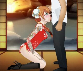 1boy 1girls asian blowjob braided_ponytail character_request china_dress chinese deepthroat double_bun fellatio female fringe genitals ginger green_eyes konashion light-skinned_female light_skin male mascara oral oral_penetration orange_hair original_character pale-skinned_female pale_skin penetration penis penis_in_mouth petite ponytail red_lipstick runny_makeup skinny super_deepthroat_game throat_bulge throat_fuck tight_throat tongue tongue_out tongue_out_blowjob