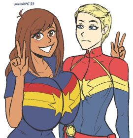 2girls big_breasts blonde_hair blue_eyes blushing breast_envy breast_size_difference breasts brown_eyes brown_hair captain_marvel carol_danvers comic_book_character female female_only huge_breasts kamala_khan marvel marvel_comics mindwipe ms._marvel smile superhero superheroine