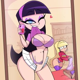 2024 2024s 2girls belly_button big_breasts biting_clothes black-haired_female black_hair blonde blonde-haired_female blonde_female blonde_hair blue-eyed_female blue_eyes bra breasts cleavage disney disney_channel disney_xd eyebrows eyelashes eyeshadow female female_focus female_only gravity_falls hair hairband heart heart_symbol human human_female legwear looking_at_viewer mirror mirror_selfie navel nelljoestar nickelodeon pacifica_northwest panties phone presenting purple_bra purple_legwear purple_panties purple_thigh_highs purple_thighhighs shirt shirt_lift skirt skirt_pull teeth the_fairly_oddparents thick_thighs thigh_highs thighhighs thighs trixie_tang white_skirt wide_hips
