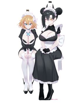 2girls absurdres agent_(girls'_frontline) apron aqua_eyes asymmetrical_hair black_bra black_dress black_footwear blonde_hair bow bra bra_peek breasts cleavage cleavage_cutout closed_mouth clothing_cutout double_bun dress eonsang female g36_(girls'_frontline) girls'_frontline hair_between_eyes hair_bun hairbow half_up_braid hands_on_own_knees high_heels highres horns looking_at_another looking_at_viewer maid maid_headdress multiple_females multiple_girls one_eye_closed shoes short_hair simple_background sitting thighhighs underwear white_apron white_background white_thighhighs