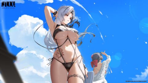 2girls amber_eyes back_tattoo barely_clothed beach bikini black_hair black_nail_polish black_nails breasts female female_focus female_only game_cg goddess_of_victory:_nikke hi_res high_resolution highres hips huge_breasts large_breasts legs official_art rosanna_(chic_ocean)_(nikke) rosanna_(nikke) sakura_(bloom_in_summer)_(nikke) sakura_(nikke) summer sunlight surfboard swimsuit tattoo tattooed_arm tattoos thick_thighs thighs underboob wallpaper white_hair
