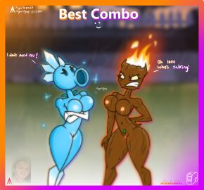 2d 2d_(artwork) 2girls agonywelds angelsagony angry annoyed anthro arms_crossed ass blurry_background female fire flames glowing hands_on_hips meme nipples plantie plants_vs_zombies pussy snow_pea_(pvz) text thick_ass thick_thighs thighs torchwood torchwood_(pvz) wide_hips