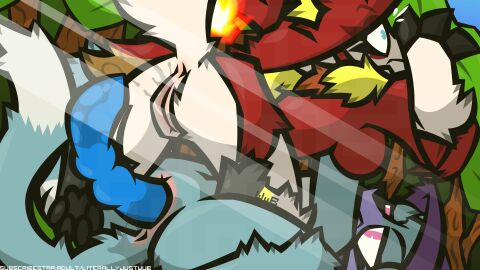 angry angry_sex anthro anus blue_body blue_eyes blue_fur bodily_fluids bottomless claws clothed clothed_sex clothing competition day dildo double_dildo duo female female/female fire fur genital_fluids genitals hat headgear headwear hi_res katress knotted_dildo light long_tail mostly_nude outside outside_sex palworld paws pink_eyes plant pocketpair pussy red_body red_fur sex sex_toy sexual_competition sexual_fight signature sunlight tail text tree url vaginal_fluids watermark witch_hat wixen wub_(artist)