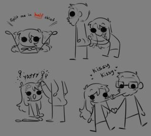 1boy 1girls couple couple_(romantic) dialogue english_text female lazyartistzz line_art original original_character source_request spread_legs straight tagme text wholesome wholesome_nudity