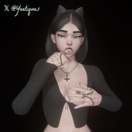 3d breast_out breasts dark_nipples female female_only fishnets french_tip goth green_eyes kiriko_(overwatch) kiriko_kamori necklace overwatch overwatch_2 piercings rings skinny small_breasts upside_down_cross yeetiques