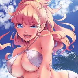 bare_shoulders big_breasts bikini bikini_top blonde_hair blue_eyes blush breasts color eyebrows_visible_through_hair female female_focus female_only fringe hair_ornament kekkon_yubiwa_monogatari krystal_novaty_nokanatika looking_at_viewer maybe medium_hair official_art one_eye_half-closed open_mouth revealing_swimsuit sky_background smile smiling smiling_at_viewer swimsuit underboob upper_body viewed_from_below white_bikini white_swimsuit