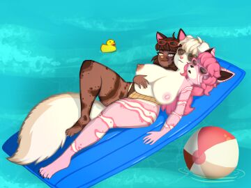 3_heads 4:3 :3 anthro areola ball_(object) beach_ball bedroom_eyes big_tail bikini bikini_bottom breasts brown_areola brown_body brown_eyes brown_fur brown_hair brown_nipples brown_nose candy canid canid_demon canine cerberus closed_eyes clothing conjoined demon dessert european_mythology exposed_breasts eyelashes eyewear eyewear_on_head female floppy_ears food food_creature full-length_portrait fur furry greek_mythology hair hand_on_belly hand_on_chest hellhound hi_res hydrola ice_cream_creature inflatable living_candy long_hair looking_at_viewer lying mammal multi_head multicolored_body multicolored_fur mythological_canine mythological_creature mythology narrowed_eyes nipples on_back open_mouth original original_character panties pink_areola pink_body pink_eyes pink_fur pink_hair pink_nipples pink_nose pool pool_float pool_toy portrait raised_leg rubber_duck seductive sherberus sleeping smile smug smug_face solo sunglasses sunglasses_on_face sunglasses_on_head swimwear tail tan_nose underwear water white_body white_fur white_hair wide_hips